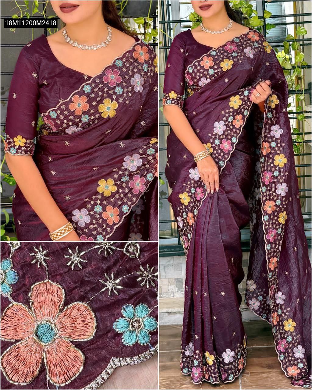 Model wearing a TRENDBUY Wine Purple Sufi Silk Crush Saree, showcasing the exquisite multi-color floral embroidery on the pallu and matching blouse sleeves.