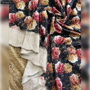 TRENDBUY Exclusive Black Pure Tussar Silk Saree | Floral Print & Cutwork Border