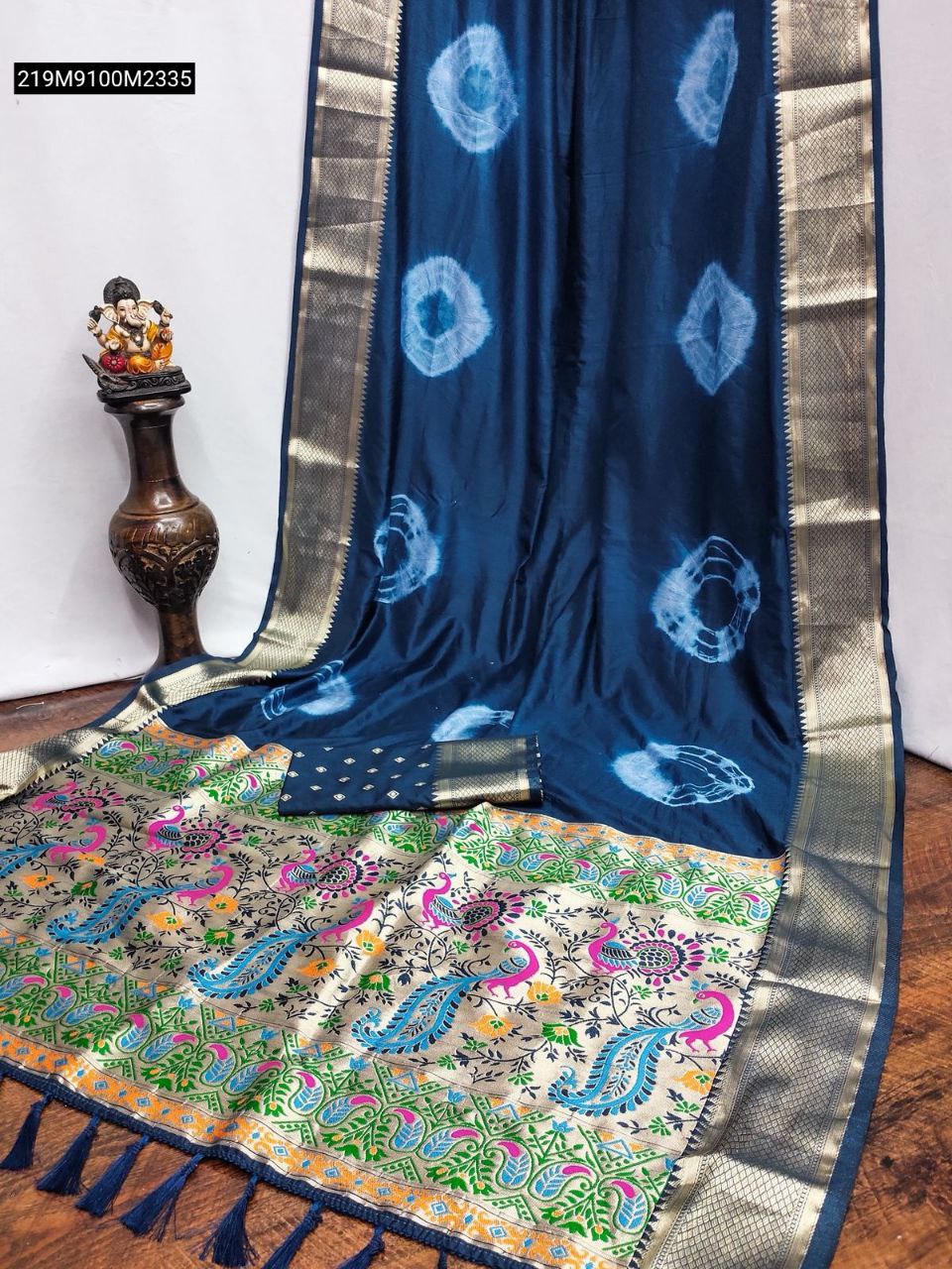 TRENDBUY Navy Blue Dola Silk Shibori Saree with Zari Weaving Pallu and Multi-color Peacock Border