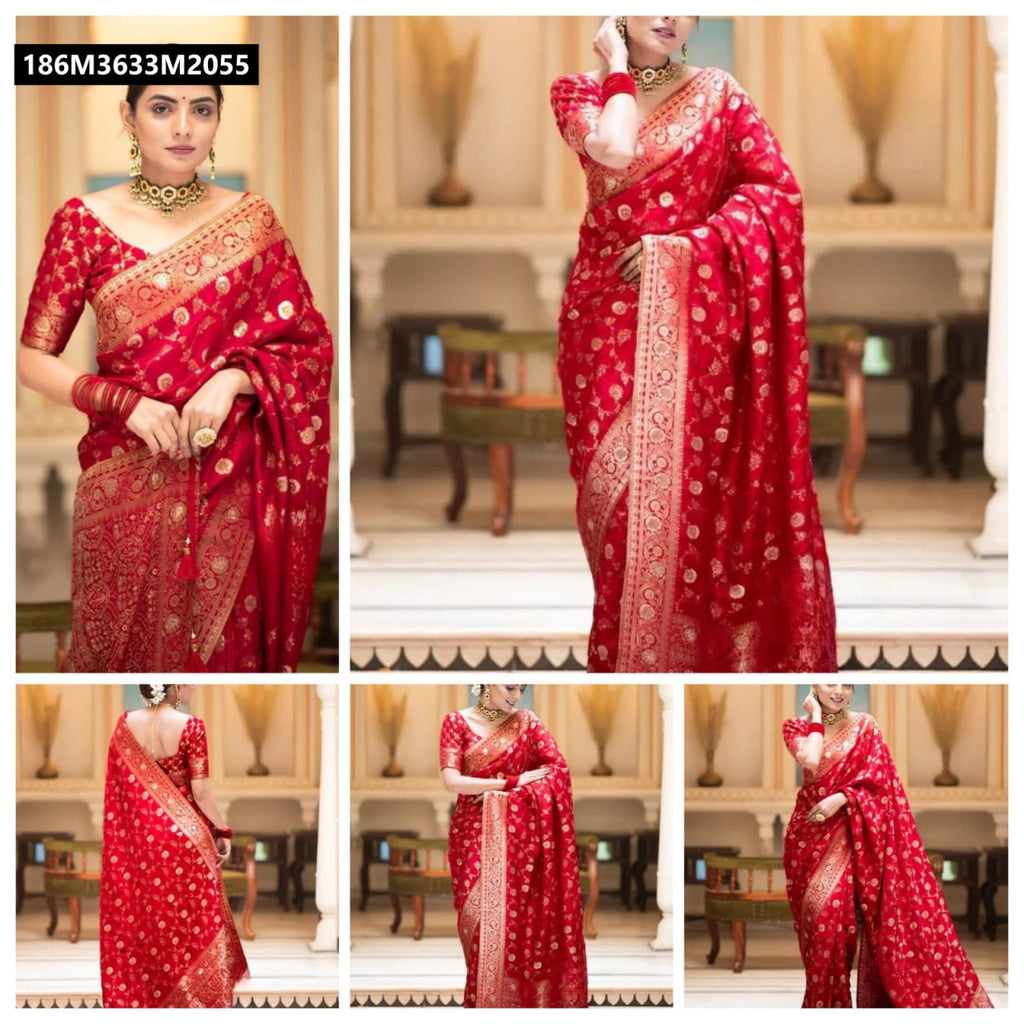TRENDBUY Red Banarasi Soft Silk Saree with intricate gold zari work, front pose
