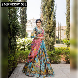 TRENDBUY Exquisite Blue Tussar Silk Kalamkari Print Lehenga Choli Set