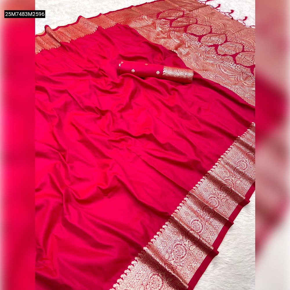 Bright red Gala silk saree with intricate gold zari pallu and border, elegantly draped on a white textured surface, showcasing its luxurious fabric.