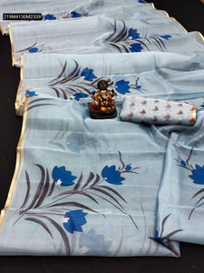 TRENDBUY Exquisite Organza Digital Print Art Silk Saree with Gold Woven Border