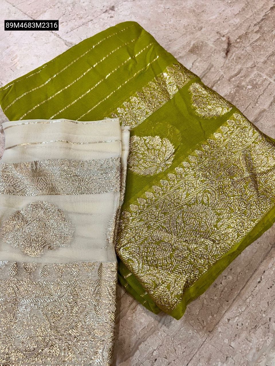 TRENDBUY Green Viscose Georgette Saree with Cream Zari Blouse fabric, flat lay