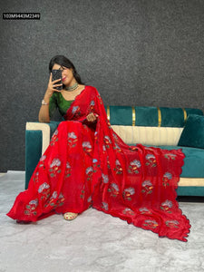 TRENDBUY Fancy Satin Saree with Scalloped Border, Barash Prints & Sequin Moti Work