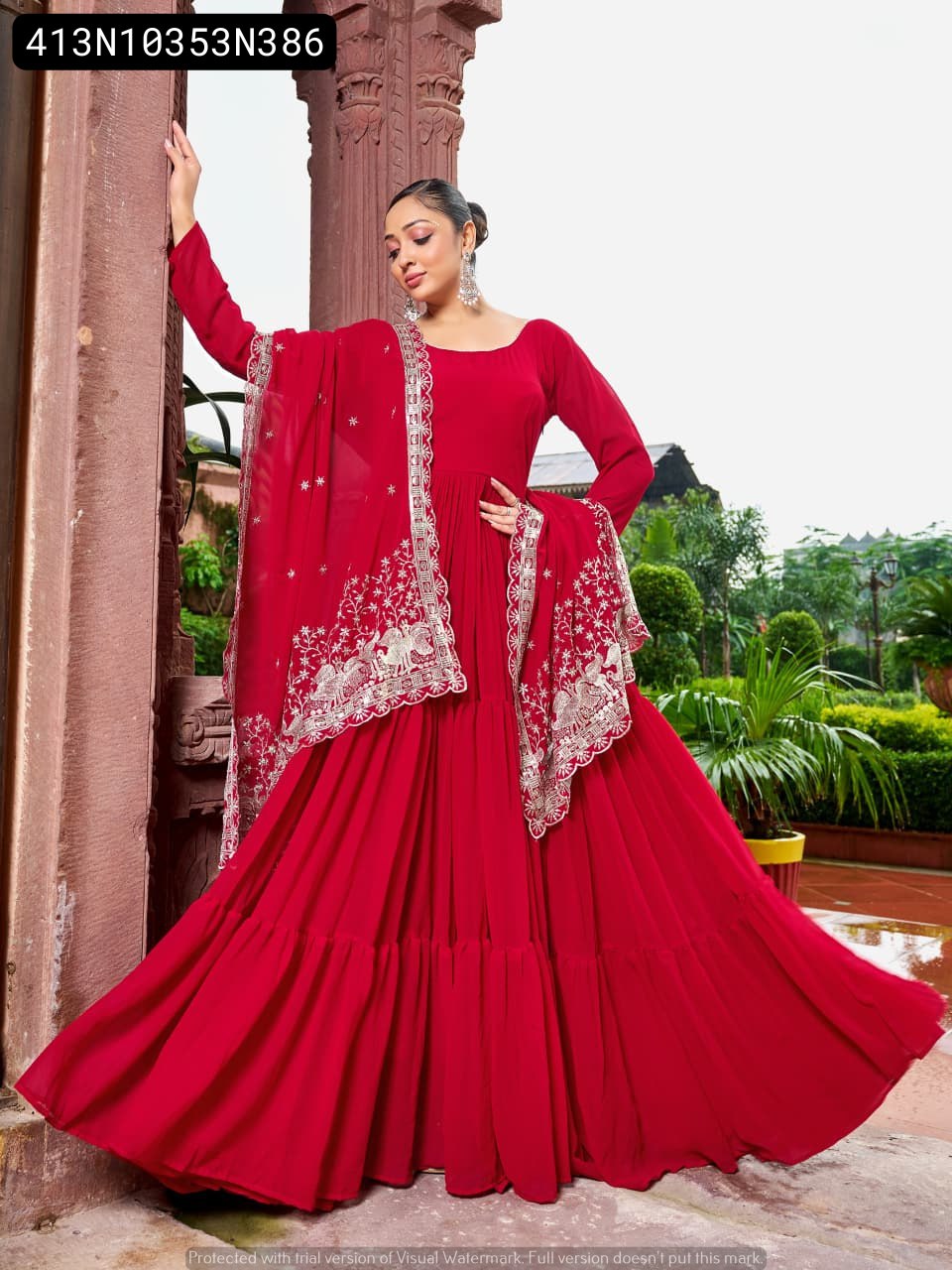 TRENDBUY Red Faux Blooming Gown with 9-meter flair and full sleeves, paired with an intricately embroidered dupatta, full body shot.