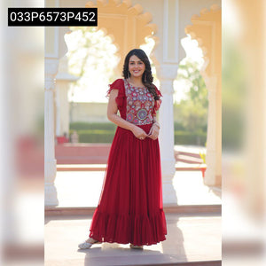 TRENDBUY Faux Blooming Embroidered Gown with Bell Sleeves & Frill Hem