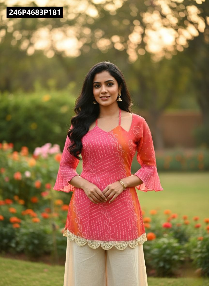 Model posing in TRENDBUY pink and orange bandhani kurti with cream palazzo pants in a garden setting.