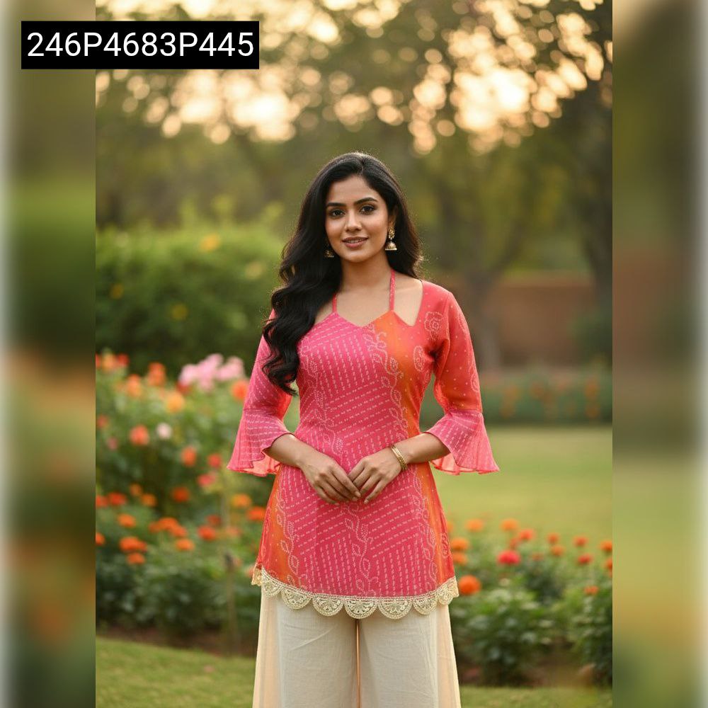 Front view of model in TRENDBUY Pink & Orange Faux Georgette Bandhani print kurti with bell sleeves and lace trim, posing outdoors.
