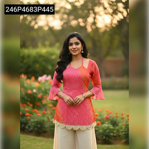 TRENDBUY Faux Georgette Bandhani Print Kurti with Embroidery Lace Work