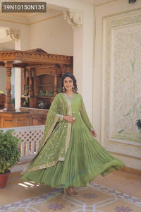 TRENDBUY Faux Georgette Embroidered Tiered Gown with Dupatta Set