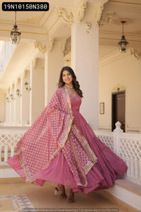 TRENDBUY Faux Georgette Embroidered Tiered Gown with Sequins Dupatta