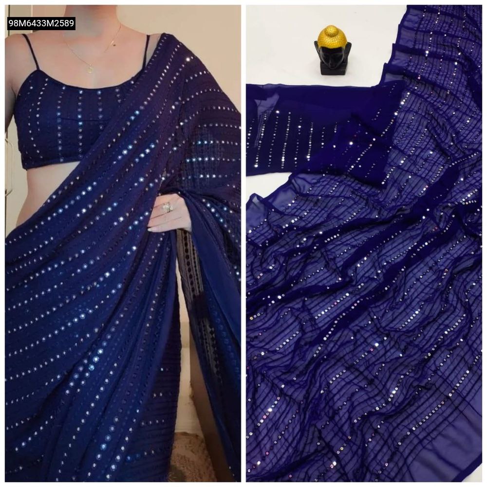 Model wearing TRENDBUY Navy Blue Faux Georgette Party Wear Saree with vertical 9MM sequence work; split view shows full fabric detail.