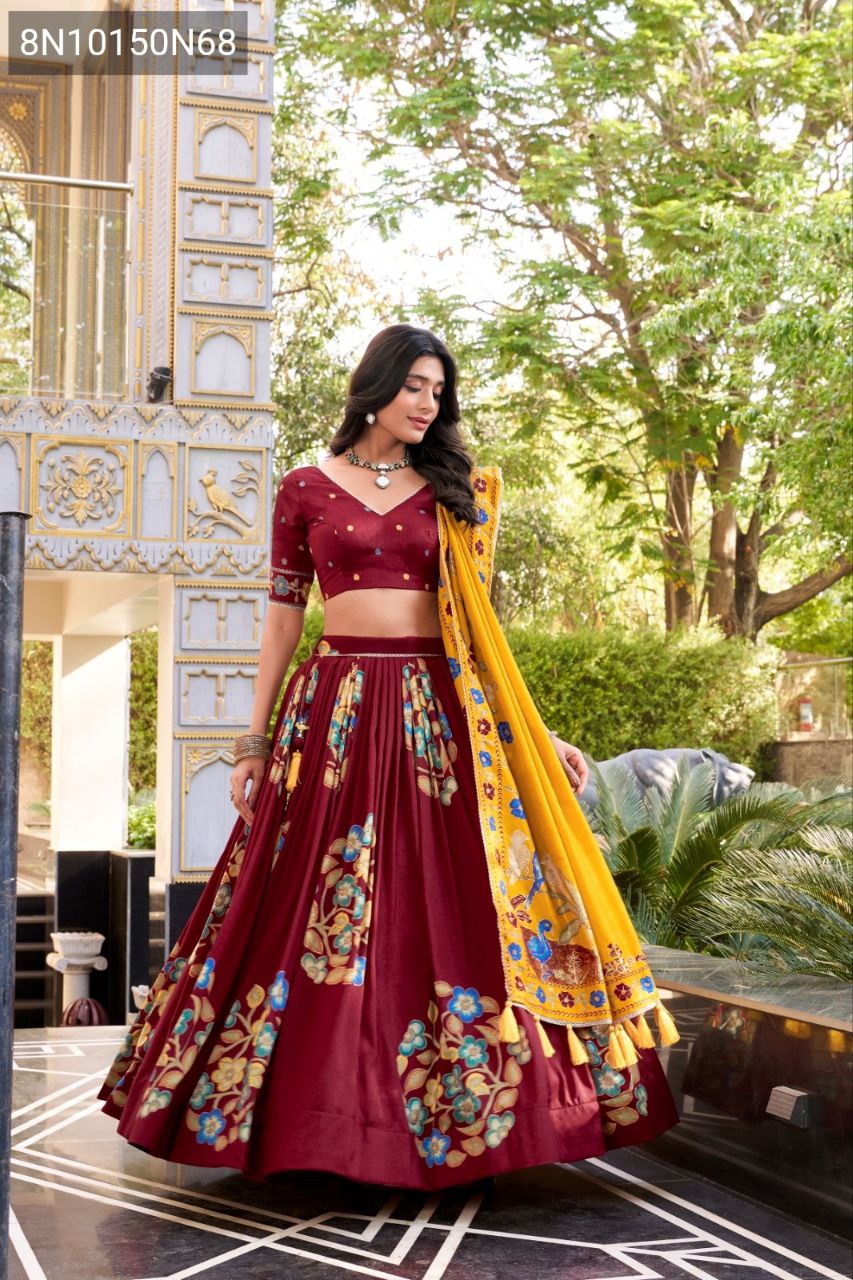 TRENDBUY Maroon Tasar Silk Lehenga Choli with yellow dupatta, full body shot of model posing elegantly outdoors.