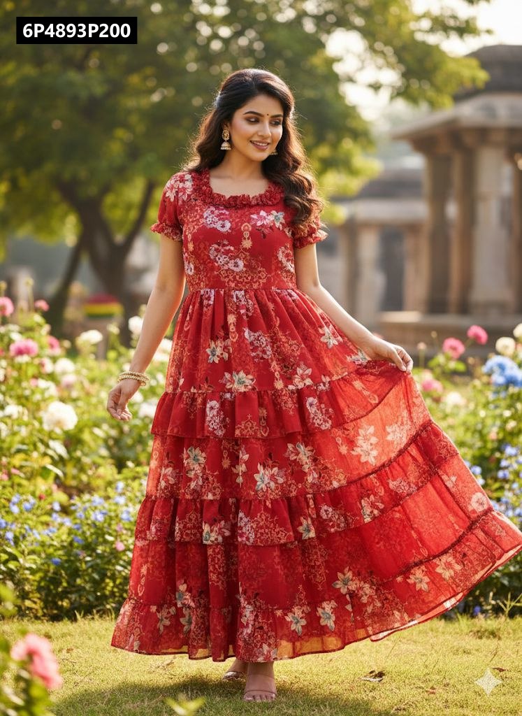 Model in red floral tiered georgette maxi dress with ruffled neckline, smiling in a garden.