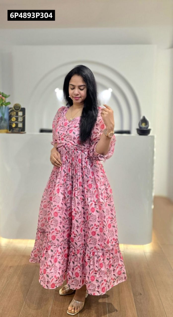strapless open back dress Neerus Pink Floral Printed Straight Dress for Casual Women – Neerus India main image 1