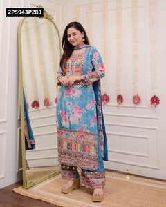 TRENDBUY Floral Modal Satin Kurti, Palazzo & Nazmeen Dupatta Set