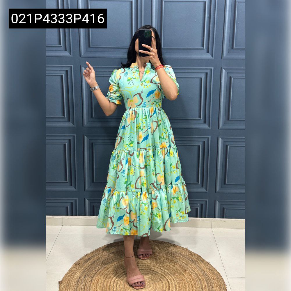 cotton tiered midi dress TRENDBUY Muslin Cotton Print 3-Layer Pattern Dress