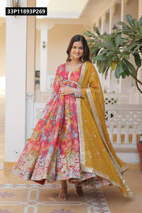 TRENDBUY Floral Print Russian Silk Anarkali Gown with Embroidered Dupatta