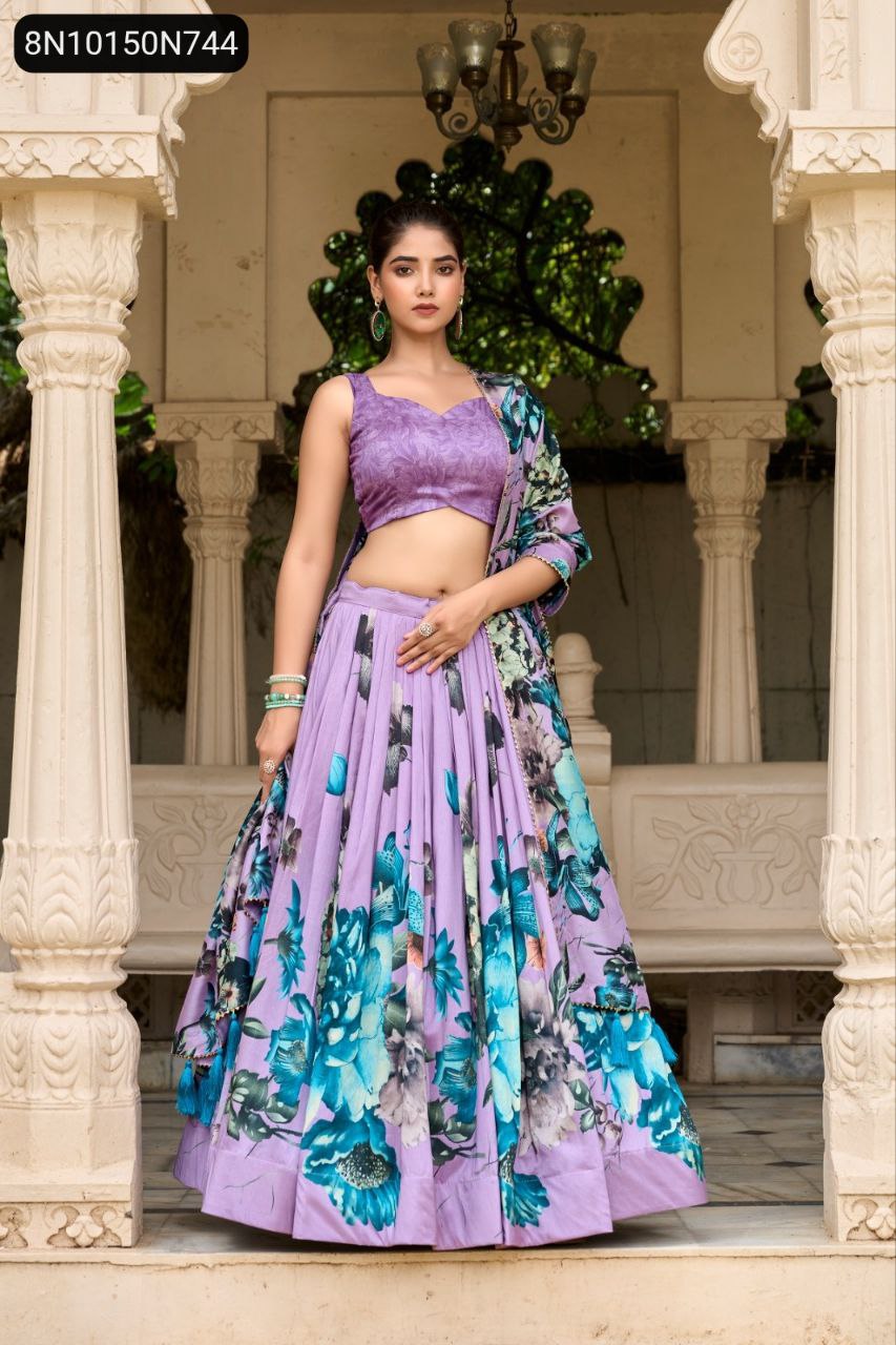 TRENDBUY Lavender Floral Print Tasar Silk Lehenga Choli full body front view
