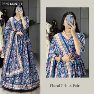 Premium Royal Blue Floral Printed Chinon Anarkali Gown with Matching Dupatta