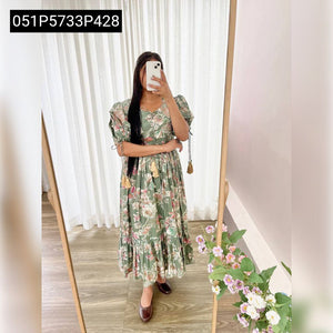 TRENDBUY Floral Roman Silk Gown with Puffed Sleeves & Tassels