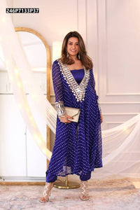 TRENDBUY Georgette Bandhani Print Kurti Set with Mirror Work