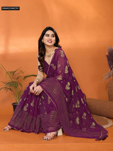 TRENDBUY Georgette Silk Saree with Gold Foil Work & Zalar Lace Border for Women