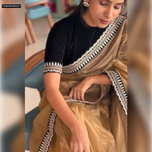 TRENDBUY Golden Organza Silk Saree with Heavy Zari Embroidery & Black Unstitched Blouse