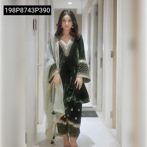 TRENDBUY Green Embroidered Viscose Velvet Silk Kurti Bottom Set with Dupatta