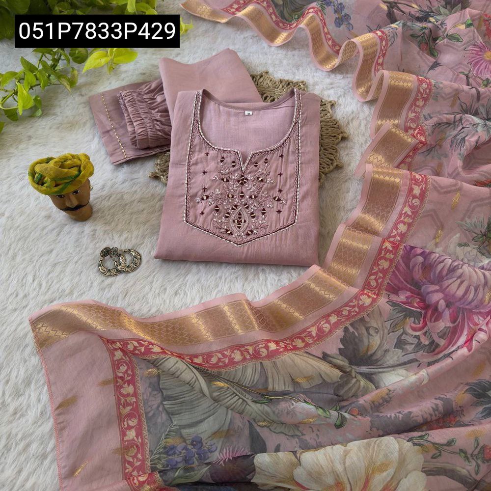 TRENDBUY Hand Embroidered Roman Silk Kurta Set in Mauve with Chanderi Jaqucart Butti Zari Digital Print Dupatta, flat lay on white fur