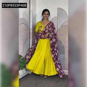 TRENDBUY Hand Painted Vichitra Silk Gown with Floral Chinon Dupatta