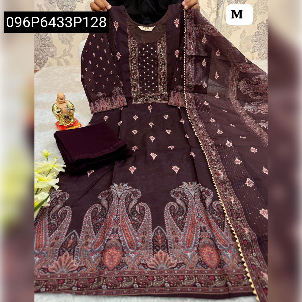 Maroon paisley printed kurti with rich embroidery and border, flowing patterned dupatta, and matching solid pants, held up for display.
