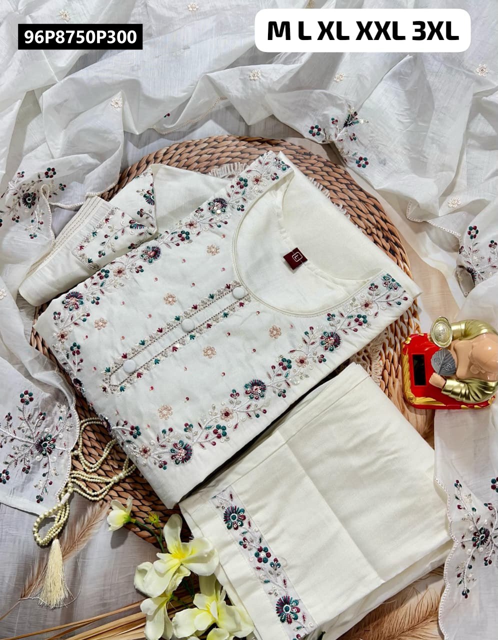 TRENDBUY White Hand Work Viscose Kurti Set flat lay, top view revealing intricate embroidery details on a woven mat.
