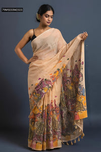 TRENDBUY Handloom Tussar Silk Kalamkari Digital Print Saree with Tassels