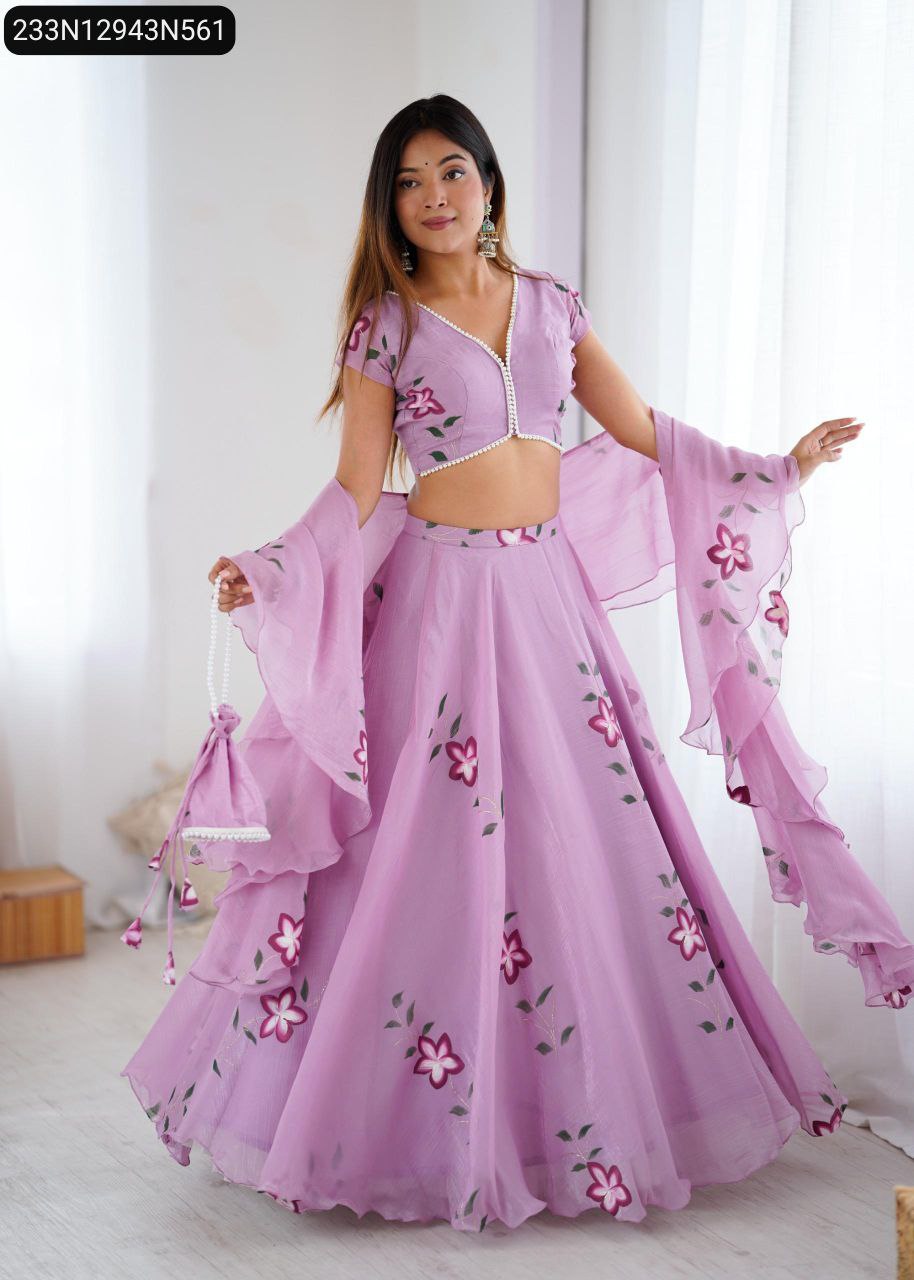 Full-body shot of the model gracefully twirling in the TRENDBUY Fandy Crush floral lehenga choli set, showcasing its flair.