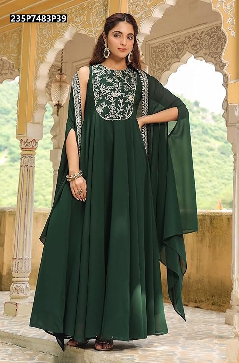Full body shot of a model gracefully posing in the TRENDBUY Forest Green Heavy Blooming Georgette Gown, emphasizing its 3 Mtr flair and the detailed sequence coding embroidery.