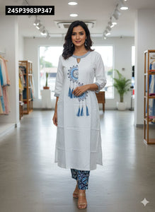 TRENDBUY Heavy Embroidered Cotton Flex Kurta & Printed Pants Set
