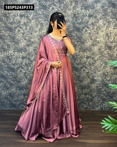 TRENDBUY Heavy Embroidered Satin Chiffon Gown & Dupatta Set - Dusty Plum