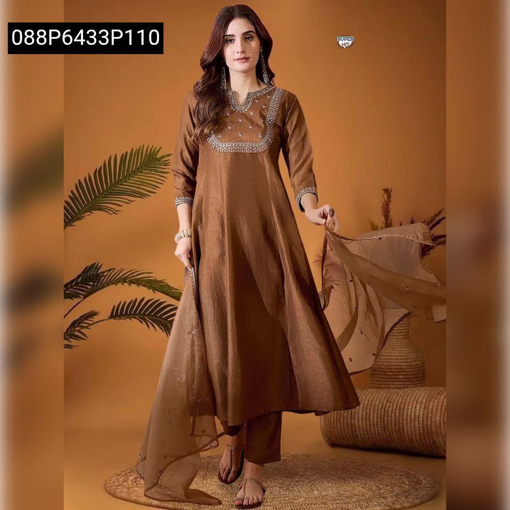 Model wearing TRENDBUY Chocolate Brown Vichitra Silk Suit Set with Organza Dupatta, front view