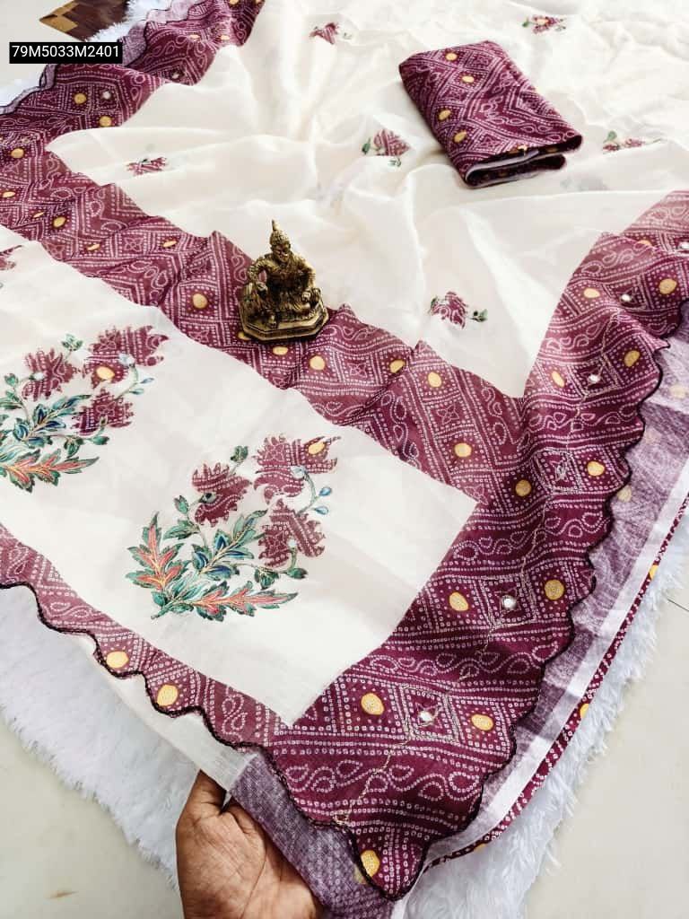 TRENDBUY Heavy Linen Saree in off-white with maroon bandhani border, detailed floral zari arco work, and elegant scalloped cutwork edge, featuring a folded matching blouse piece.