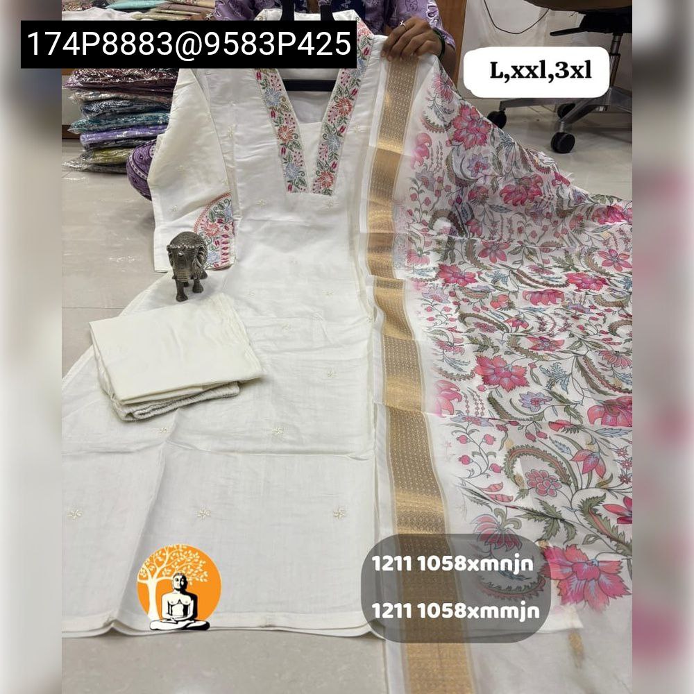 TRENDBUY White Maslin Silk Kurti Set featuring intricate fancy neck embroidery, matching straight pants, and a vibrant digital floral printed dupatta with a golden border.