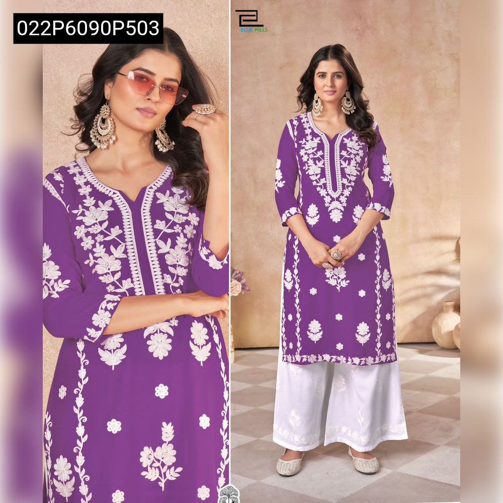 Model in a purple heavy rayon embroidered kurta and white palazzo set, posing elegantly with sunglasses.