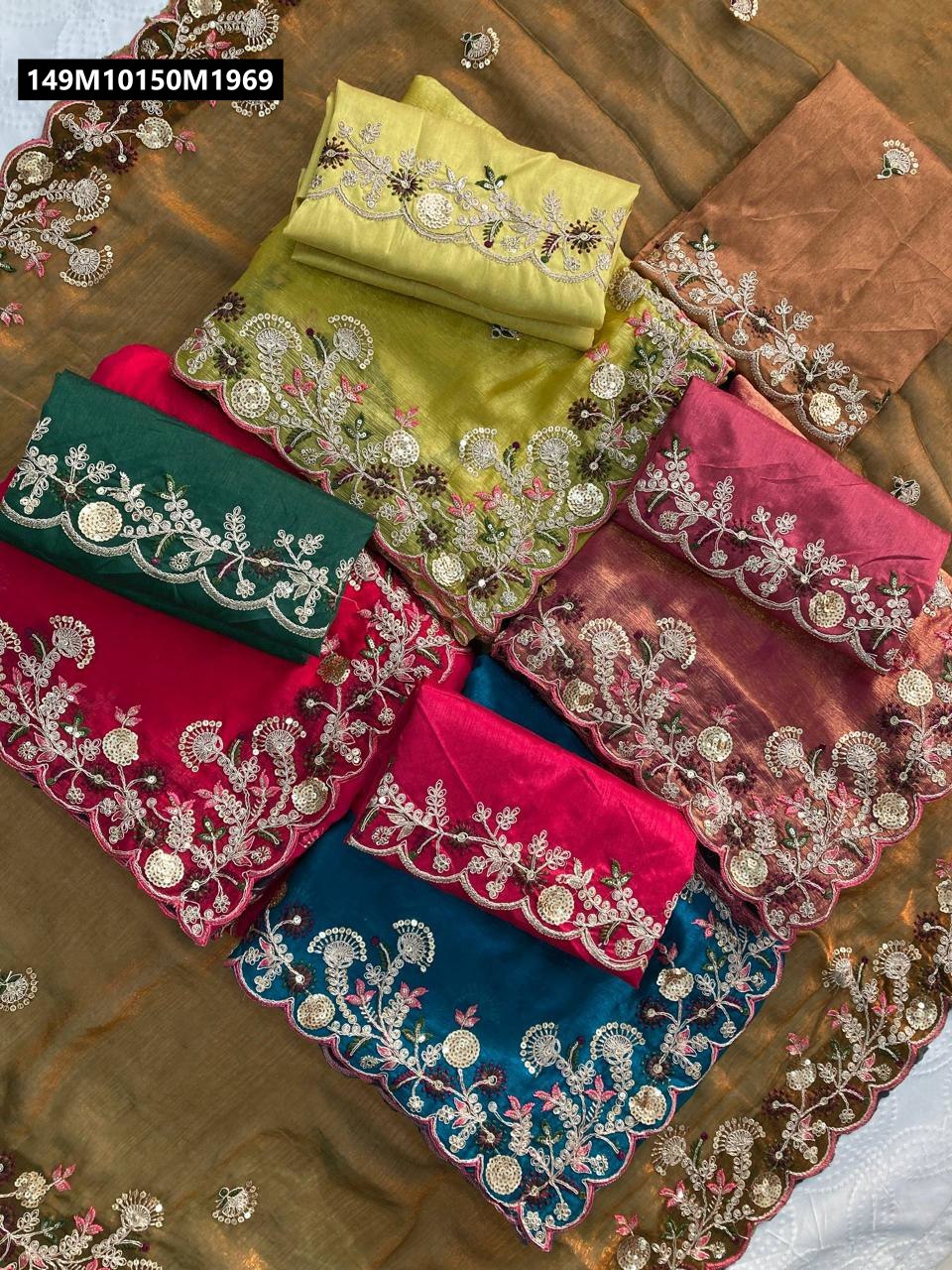 Overhead view of TRENDBUY Multi-color Fendy Chiffon Sarees with embroidered blouses, arranged on a golden-brown saree base.