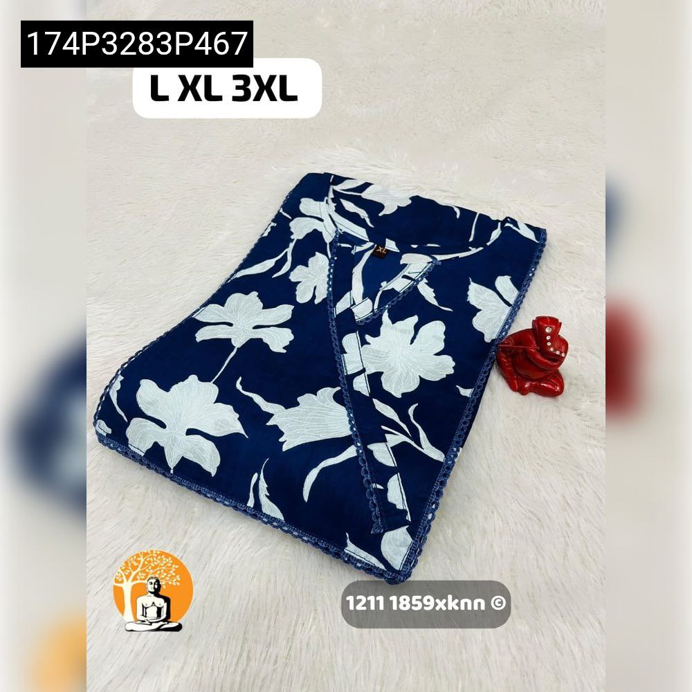 TRENDBUY Navy Blue Jaipuri Cambric Cotton Kurti with white floral print, folded on a fuzzy white surface.