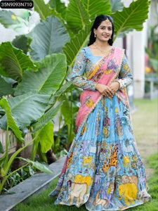 TRENDBUY Kalamkari Animal Print Cotton Lehenga Choli Set with Dupatta