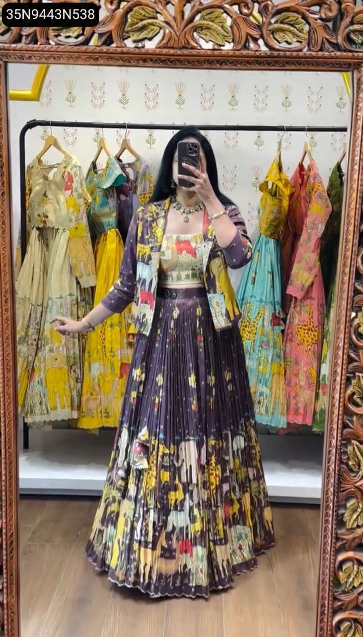 Full body view of a model in a mirror selfie, elegantly posing in the TRENDBUY Kalamkari Print Lehenga Choli with matching jacket.