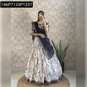 TRENDBUY Kalamkari Printed Muslin Lehenga Choli with Jaccard Lace Dupatta