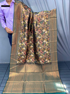 TRENDBUY Kanchi Pattu Silk Saree with Digital Floral Print & Contrast Zari Border