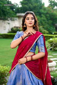 TRENDBUY Blue Kanchipuram Silk Lehenga Choli with Embroidered Dupatta